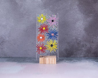 Wild Flower Fused Glass Sun Catcher with an Sage Wood Stand. Floral Art. Spring Summer Colourful Flowers