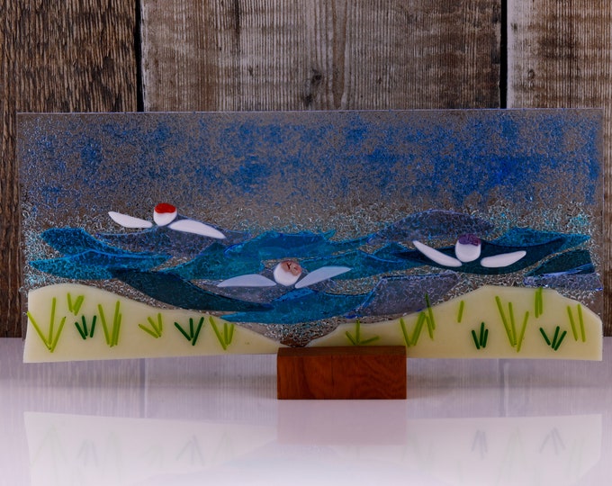 Wild Cold Water Swimming Ocean Wave Fused Glass Panel with a Little Wood Stand. Cold Swimmers Gift. Wild Swim Picture. Open water swimming