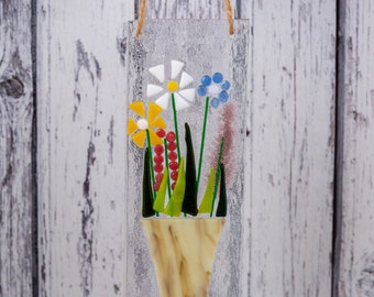 Wild Flower Fused Glass Hanging Sun Catcher. Colourful Floral Art . Flower Garden Decor