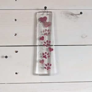 Paw Print Fused Glass Suncatcher, Copper Hearts and Paw Print Hanging Wall Art, Cat Dog Animal Lover Suncatcher Gift