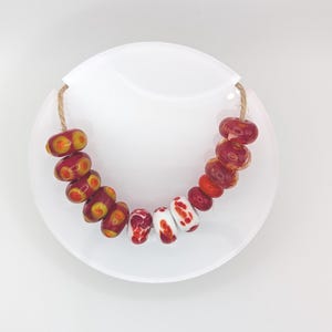 13 Glass Lamp Work Beads for Jewellery Making, Handmade Artisan Glass Beads, Red White Yellow Glass Beads, 3mm Hole Mixed Sizes Glass Beads