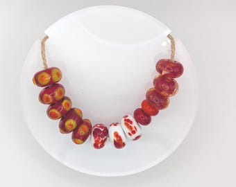 13 Glass Lamp Work Beads for Jewellery Making, Handmade Artisan Glass Beads, Red White Yellow Glass Beads, 3mm Hole Mixed Sizes Glass Beads
