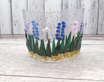 Acchiappasole in vetro fuso con arco di fiori di campanula, regalo con fiori selvatici di campanula, regalo floreale per la nuova casa, regalo per gli amanti dei fiori di campanula