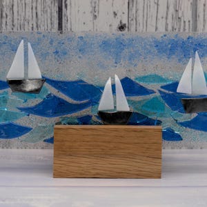 Sailing Boat Fused Glass Suncatcher with a Wood Stand, Glass Boating Coastal Suncatcher, Glass Beach Art, Sail Boat Lover Gift
