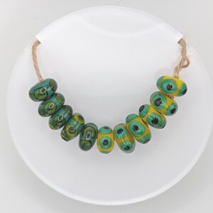 20 Glass Lamp Work Beads for Jewellery Making, Handmade Artisan Glass Beads, Green Yellow Glass Beads, 3mm Hole Handmade Glass Beads
