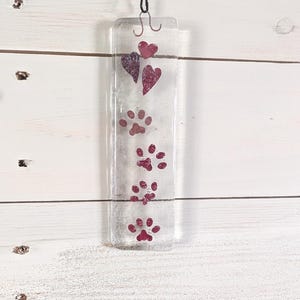 Paw Print Fused Glass Suncatcher, Copper Hearts and Paw Print Hanging Wall Art, Cat Dog Animal Lover Suncatcher Gift