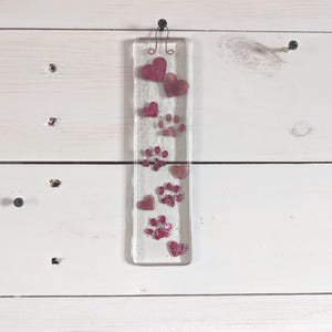 Fused Glass Paw Print Suncatcher: Copper Hearts Hanging Wall Art