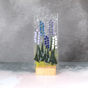 Bluebell Flower Fused Glass Suncatcher on a Wood Stand, Blue Bell Wild Flower Gift, Flower New Home Present, Bluebell Flower Lover Gift