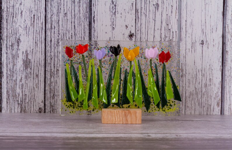 Tulip Fused Glass Panel With an Oak Wood Stand. Colourful Etsy UK