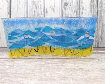 Cold Water Swimming Ocean Wave Fused Glass Curved Suncatcher, Cold Swimmers Gift, Wild Swim Picture, Open water swimming Gift