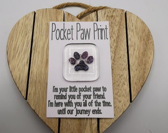 Pocket Paw Print Fused Glass Token Hug. Dog Cat Paw Print Keepsake Gift. Strength & Hope Together Forever Gift. Pocket Charm