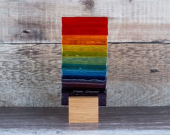 Rainbow Fused Glass Sun Panel with an Elm Wood Stand. Over the Rainbow. Rainbow Bridge