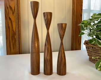 Set of 3 (10",12",14") Handmade Mid-Century Modern, American walnut candlesticks