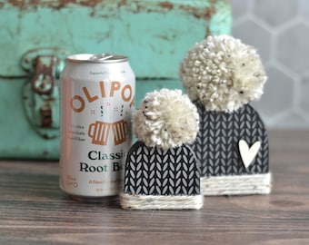 Black Wood Beanie Decor: Winter Shelf Sitter with Pom Pom