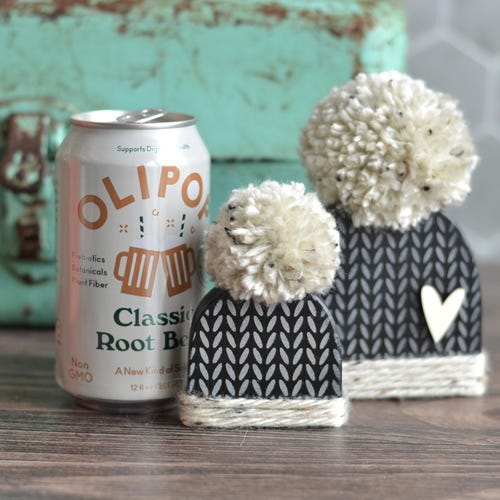 Black Wood Beanie Decor: Winter Shelf Sitter with Pom Pom