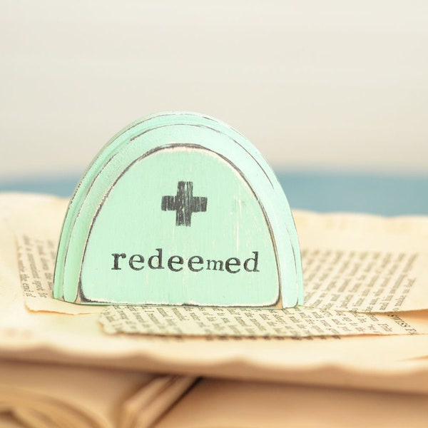 Mini Wood Sign. Redeemed. Light Blue.