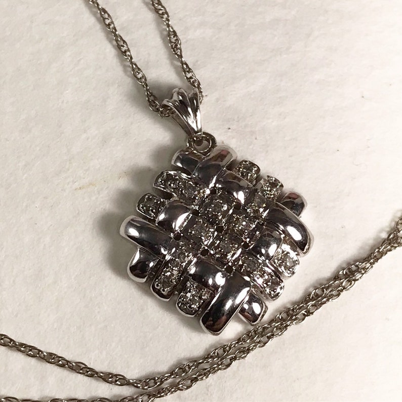 White Gold and Diamonds Pendant / Basket Weave Pendant Etsy