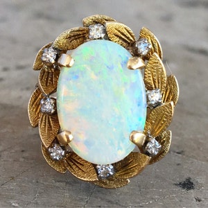 Stunning Vintage Opal and Diamonds Cocktail Ring / Textured Yellow Gold / circa 1950