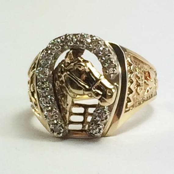 10k or 14k Yellow Gold Impressive Ladies Lucky Horse with Horseshoe Ring