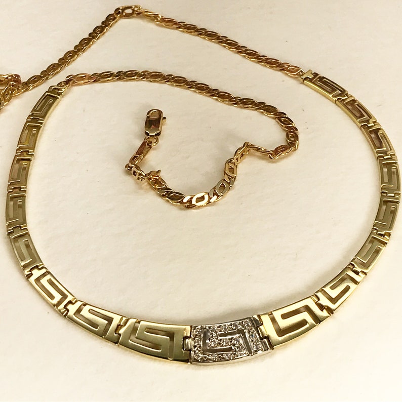 14K Gold Greek Key Necklace with Diamonds Etsy