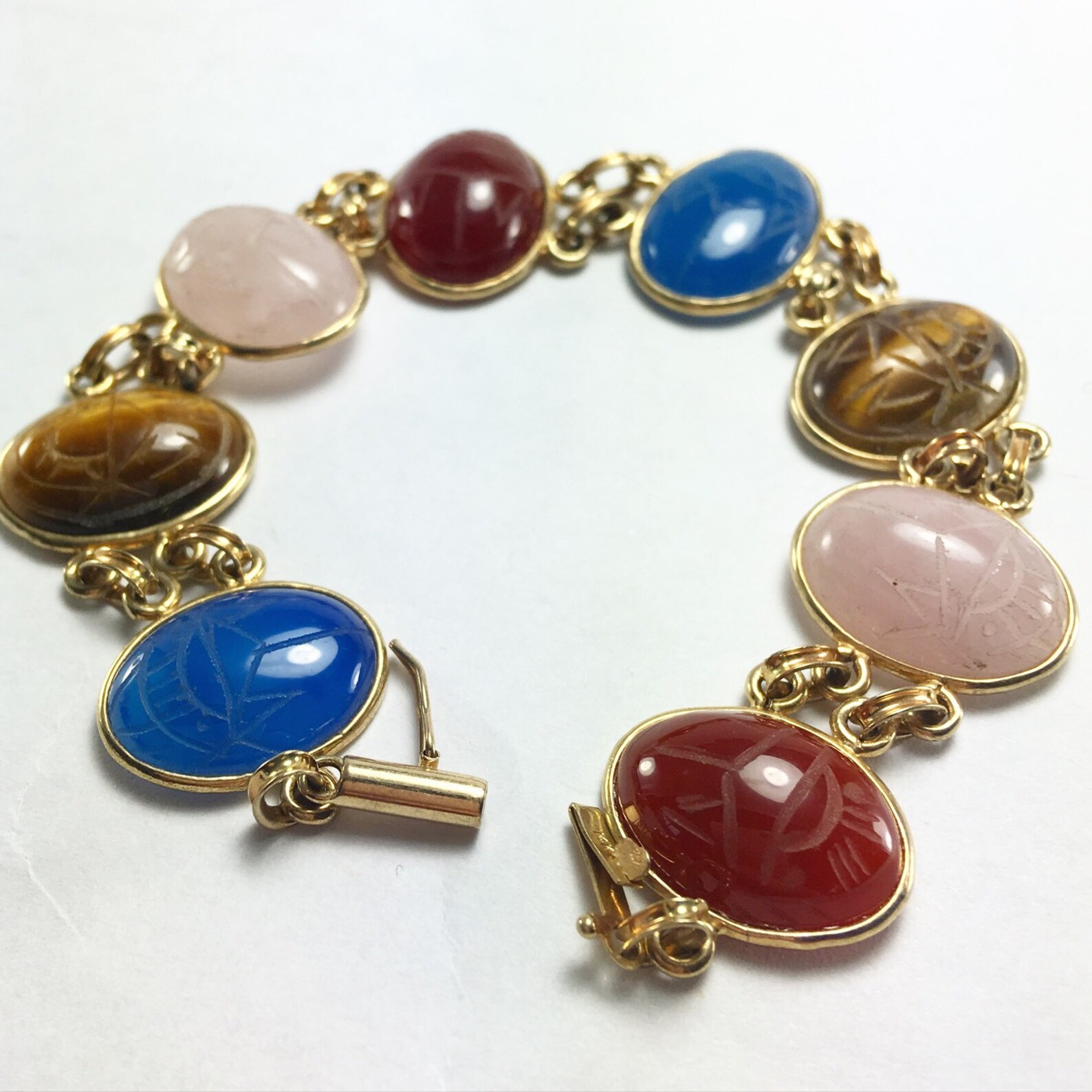 14K Gold Scarab Bracelet Double Link / Egyptian Revival Etsy