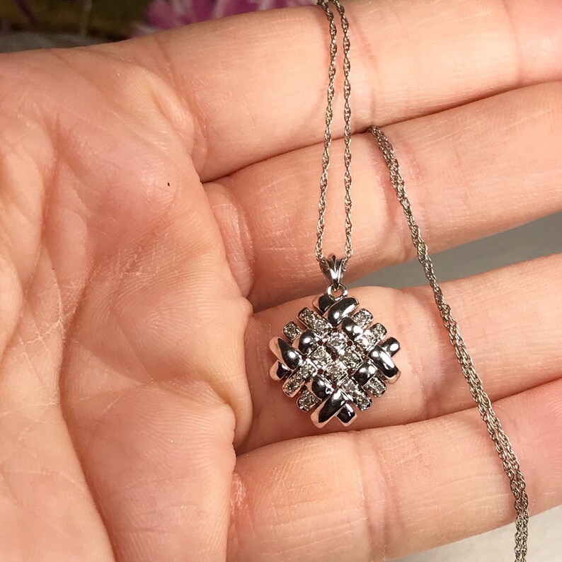 White Gold and Diamonds Pendant / Basket Weave Pendant Etsy