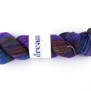 Dream in Color City in color My Fair Lady 910, aran weight superwash wool knitting yarn, purple, brown, blue, pink