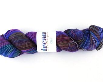 Dream in Color City in color My Fair Lady 910, aran weight superwash wool knitting yarn, purple, brown, blue, pink