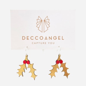 クリスマス ヒイラギ イヤリング // 軽量レーザーカットレザー、ソリッド スターリング シルバー フック