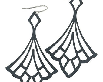 Art Deco drop earrings, lightweight lasercut leather, solid sterling silver hook