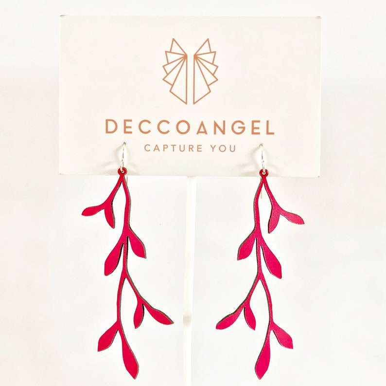 Vine design leather earrings // Art Deco inspired, lightweight laser cut kangaroo leather, solid sterling silver hook Raspberry