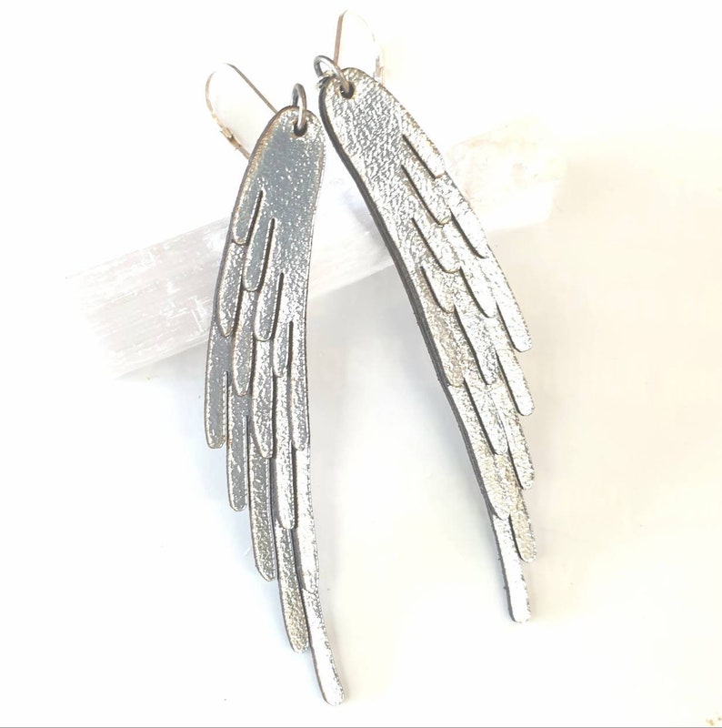 Angel wing inspired earrings made from leather with sterling silver hooks image 2