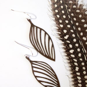 Leather leaf line earrings// solid sterling silver hook