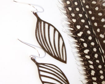 Leather leaf line earrings// solid sterling silver hook