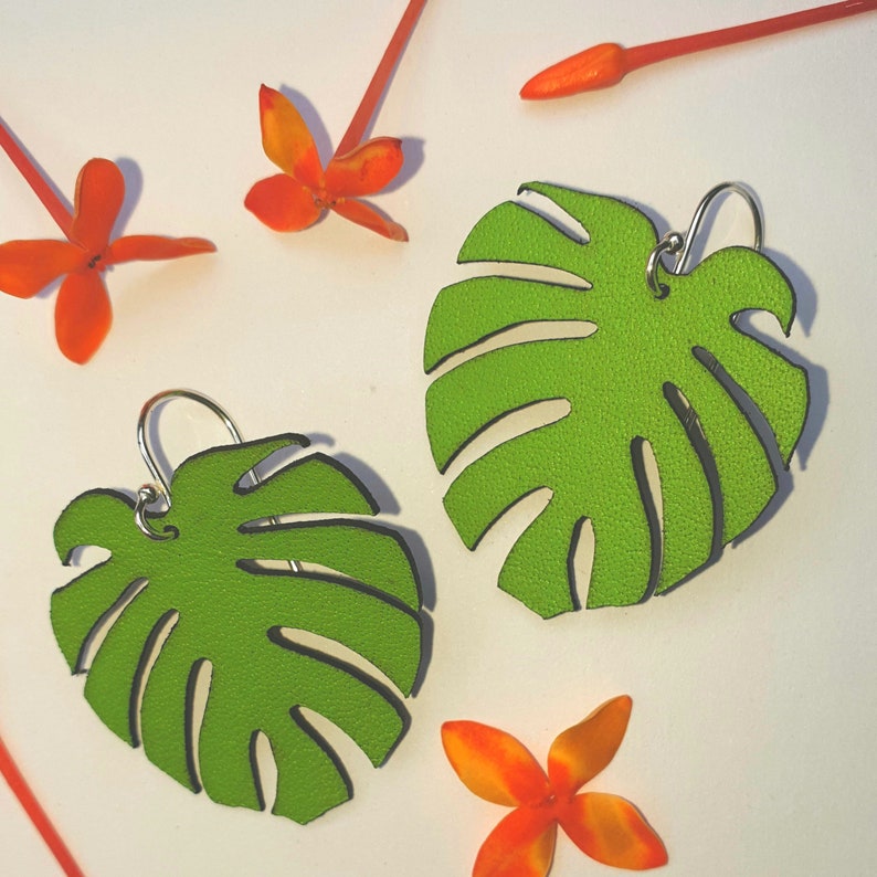 Monstera leaf earrings// kangaroo leather & solid sterling silver hook image 5