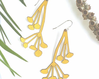 Wattle design leather earrings // nature inspired, lightweight laser cut kangaroo leather, solid sterling silver hook