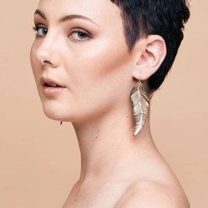 Feather //dangle drop leather earrings, solid sterling silver hook