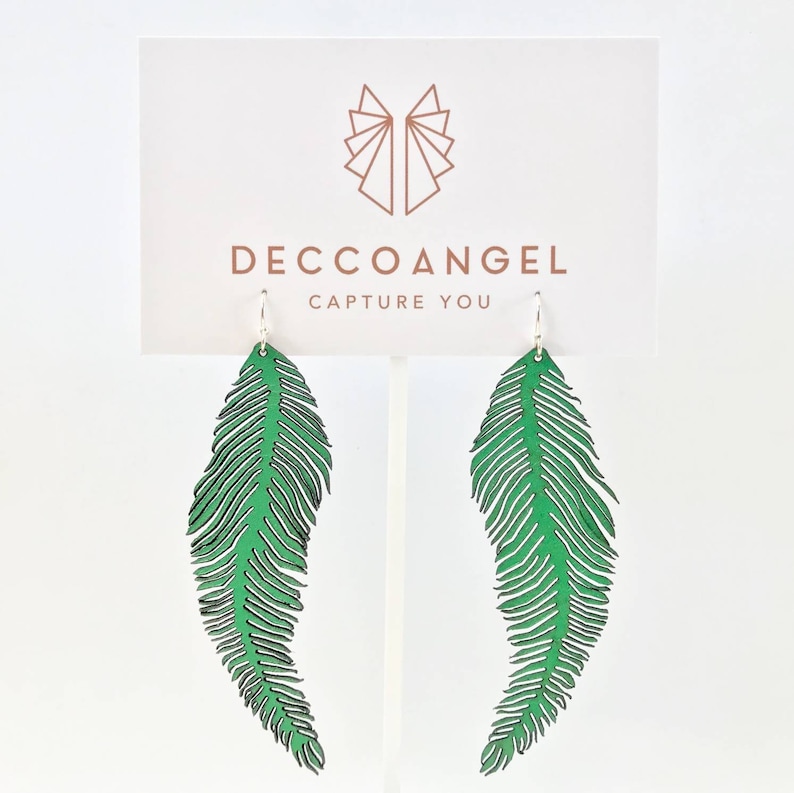 Feather //dangle drop leather earrings, solid sterling silver hook image 5