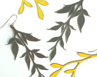 Handmade Australian leather earrings // Leaf vine design leather earrings // lightweight laser, sterling silver hook