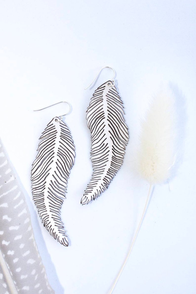 Feather //dangle drop leather earrings, solid sterling silver hook image 2