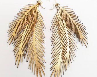 Leather layered palm frond dangle statement earrings, solid sterling silver hook