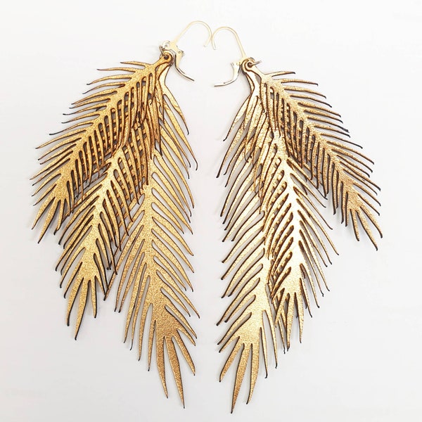 Leather layered palm frond dangle statement earrings, solid sterling silver hook