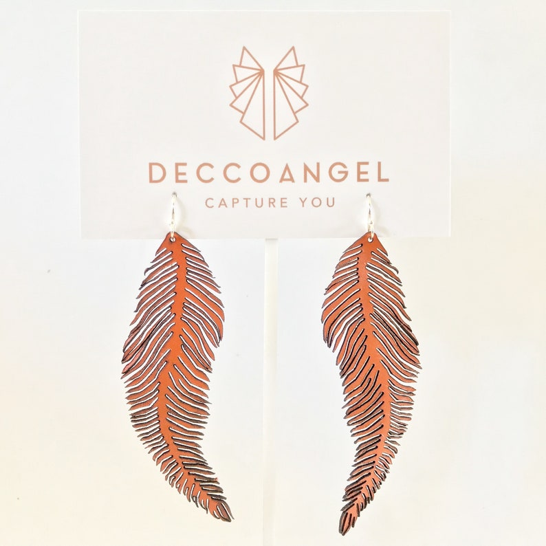 Feather //dangle drop leather earrings, solid sterling silver hook image 4