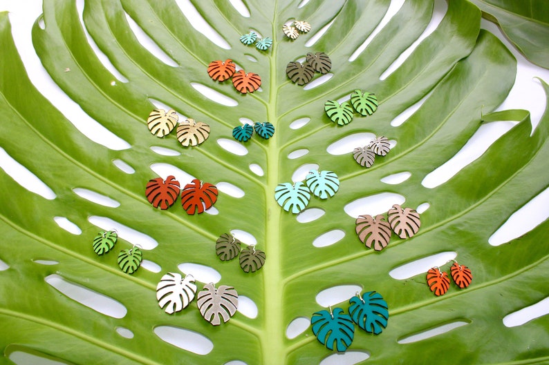 Monstera leaf earrings// kangaroo leather & solid sterling silver hook image 3