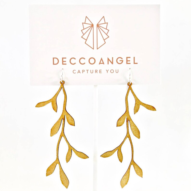 Vine design leather earrings // Art Deco inspired, lightweight laser cut kangaroo leather, solid sterling silver hook Gold