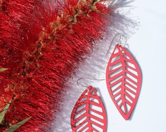 Leather leaf earrings// solid sterling silver hook