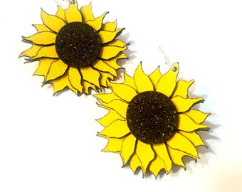 Sunflower earrings, kangaroo leather