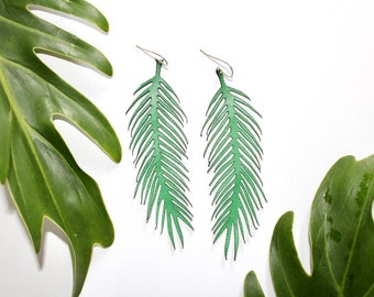 Leather palm frond design earrings, solid sterling silver hook