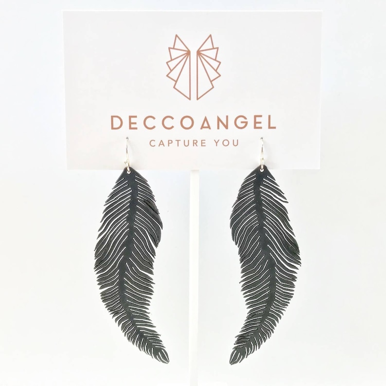 Feather //dangle drop leather earrings, solid sterling silver hook image 8