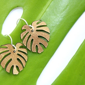 Monstera leaf earrings// kangaroo leather & solid sterling silver hook Gold